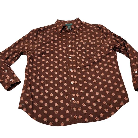 Vintage Lauren Raph Lauren brown rose floral button down top long sleeve boho - Picture 1 of 7